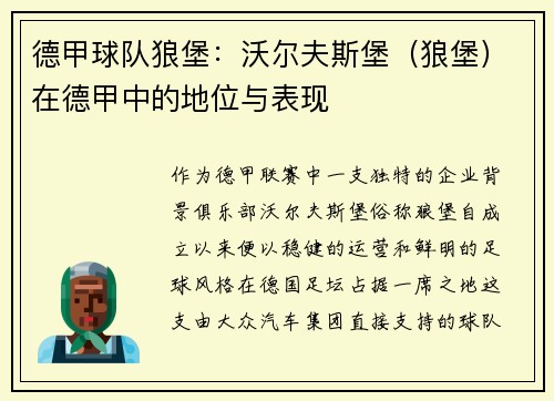 德甲球队狼堡：沃尔夫斯堡（狼堡）在德甲中的地位与表现