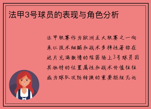 法甲3号球员的表现与角色分析