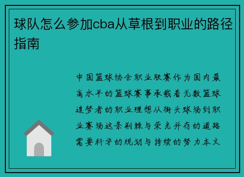 球队怎么参加cba从草根到职业的路径指南