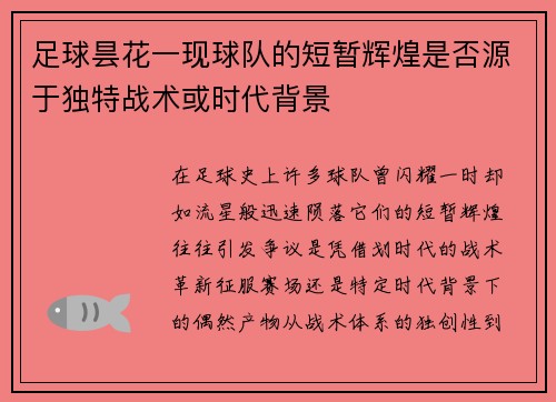 足球昙花一现球队的短暂辉煌是否源于独特战术或时代背景