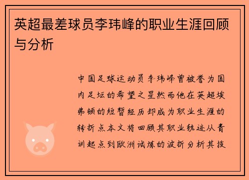 英超最差球员李玮峰的职业生涯回顾与分析